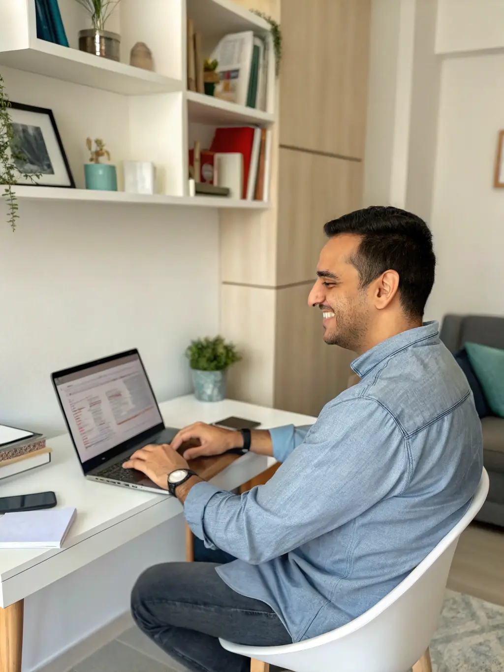 An image representing a happy customer, such as a smiling business owner looking at their newly redesigned website on a laptop.