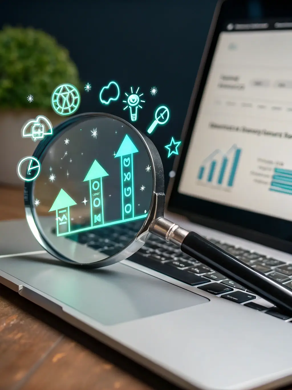 A professional-looking icon representing a magnifying glass over a website, symbolizing the AI website audit service offered by FlashFix Websites.