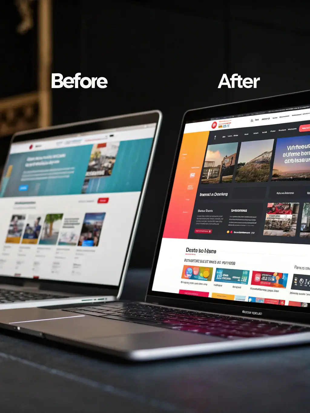 A before-and-after image showcasing a website transformation, with the 'before' side looking outdated and the 'after' side looking modern and professional.